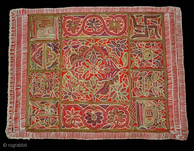 Jain Shrine cloth Ashtamangal, Mochi embroidered Silk on wool,From Gujarat, India.Its size is 27x36cm. c.1900. Condition is very good(DSC08028 New).             