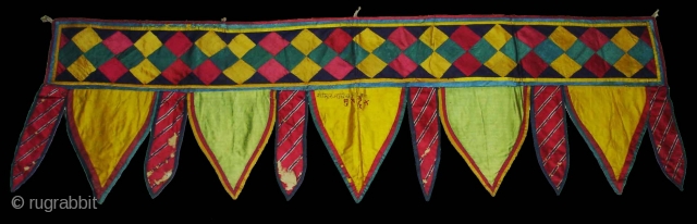 Patch work(Gajji-Silk)Toran from Kutch Gujarat India.This were Traditionally used mainly Jain Derasar Temples of Gujarat India.Backing with Manchester Print.C.1900.Its size is 30cmX102cm(DSC05704 New).          
