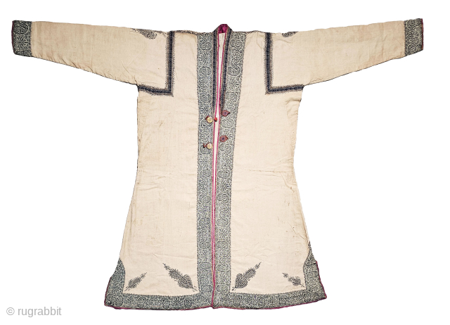 An Kashmir Indigo (Black)- Color Kani Jamawar Choga (Coat) Borders with Keri butis, From Kashmir, India. India.
There are imitation pockets in the front and similar motifs on the sleeves, The back and ...