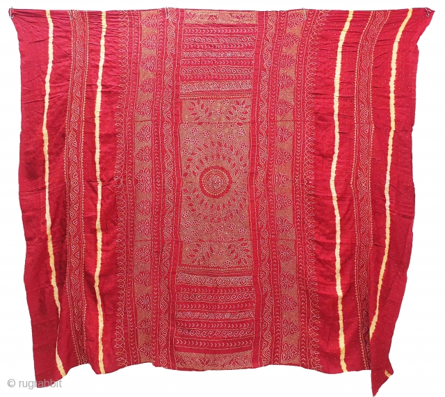 Ceremonial Tie and Dye Odhani known as Kumbhi,Tie and Dye Work with Badla work on the Gajji-Silk From Kutch Region of Gujarat, India. c.1900. Its size is 145cmX175cm. This were Traditionally used  ...