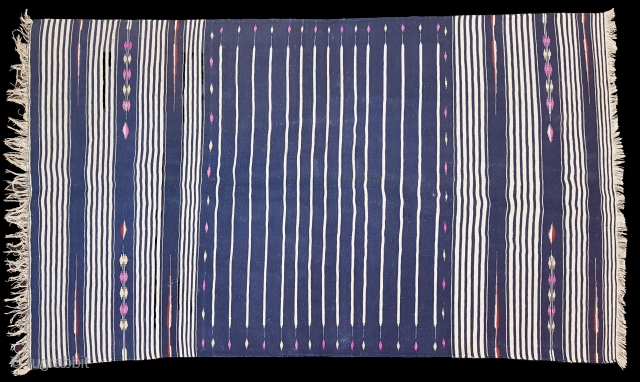 Indigo Blue,Jail Dhurrie(Cotton)Blue-White striped with mahi motif. Bikaner, Rajasthan. India.C.1900.Its size is 115X200cm.Condition is very good(120626 New).                