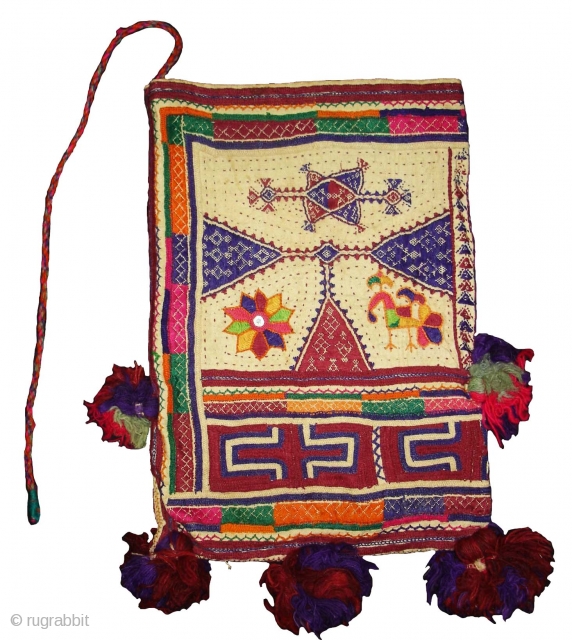 Embroidery Dowry Bag from Proper Chotila District of Saurashtra Gujarat India.Embroidery with wool on Cotton,From Rabari shepherd caste family.its size is 25cmX37cm(DSC03883 New).
          