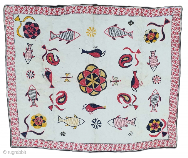Kantha Quilted and embroidered cotton kantha Probably From East Bengal(Bangladesh) region, India. C.1900. Its size is 82cmX96cm (20201129_144819).
               