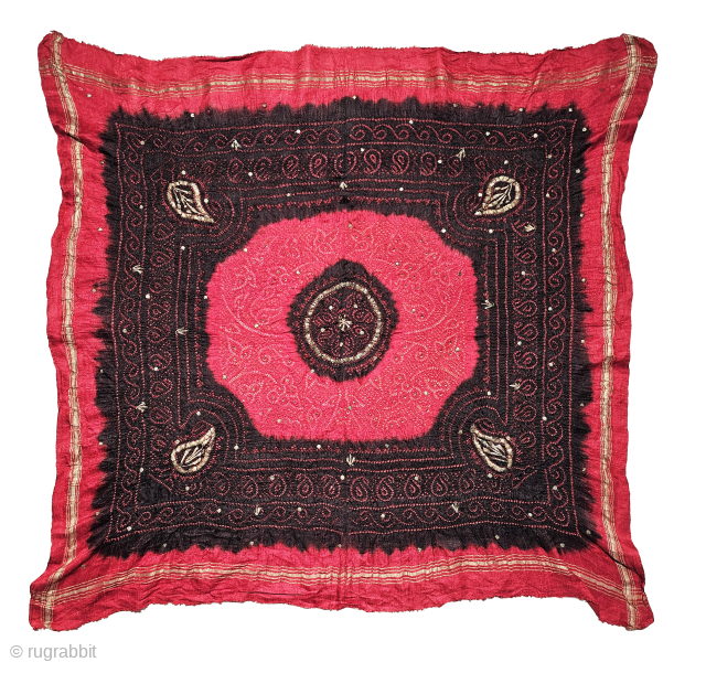 Ceremonial Tie and Dye Rumal, Tie and Dye Work on the Gajji-Silk With Badla Work (Real Silver) From Kutch Region of Gujarat, India.
C.1850-1875.
Its size is 72cmX72cm.
This were Traditionally used ...