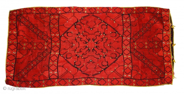 Pillow-Cover,Swat Valley(Pakistan). India.Embroidered On Cotton with floss silk.with  Braiding and Tassels.C.1900.Its size is 34cmx72cm(DSC04179).                  