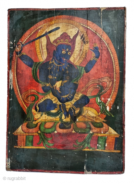 Dramatically Tibetan Buddhist Hand Painted Wood Panel depicting symbols of Tibetan mythology such as Tigers Dragons and Lamas From Tibet. c.1875-1900. 

Its size is 58cmX80cm (20221211_163946).       