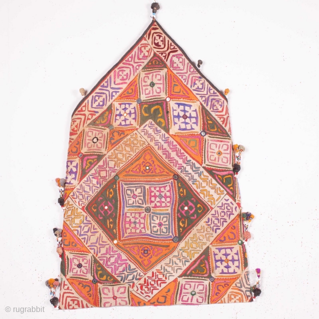 Dowry Bag (cotton) from Sindh Region of undivided India. India.
Applique cut-outs with mirrors and the tassels .

From Sodha Group of Tharparkar Region of Sindh.

C.1870-1900

Its size is 57cmX88cm (Image 2019-03-16 a ).  
