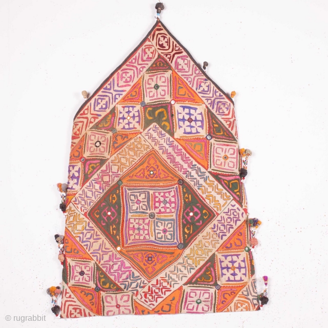 Dowry Bag (cotton) from Sindh Region of undivided India. India.
Applique cut-outs with mirrors and the tassels .

From Sodha Group of Tharparkar Region of Sindh.

C.1870-1900

Its size is 57cmX88cm (Image 2019-03-16 a ).  