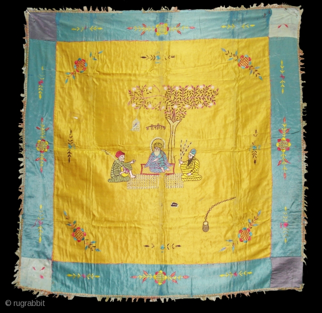 Guru Nanak Rumal Embroidery on Gajji-silk, Figures are showing of Guru Nanak and companions Bhai Mardana and Balla, Its used to cover Guru Granth Sahib.From Punjab India. C.1900.Its size is 104cmX108cm(DSC03652 New). 