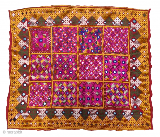 Dowry cloth,Mahar group,From Jaisalmer District of Rajasthan. India.Cotton embroidered with silk and cotton with mirrors.Its size is 50cmX56cm(20191214_150653).               