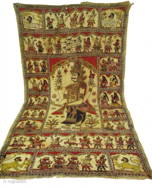 An Rare Ramayana Temple hanging Chintz Kalamkari, Hand-Drawn Mordant-And Resist-Dyed Cotton, From  Masulipatnam  South India. India. 

This ceremonial hanging shows a scene from the Hindu epic the Ramayana (‘the story of Rama’). Here Prince Rama and  ...