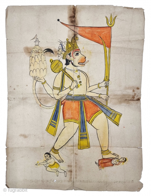 An Rare And Unique  Hanuman Tantric Ritual Drawing  Pataka. From Rajasthan India.

C.1850-1875.

Its size is 52cmX71cm (20221217_161718).
               