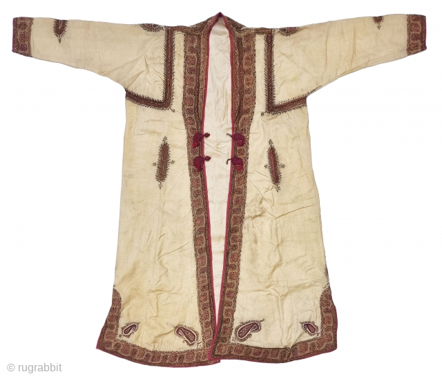 An Kashmir Embroidery Choga (Coat) Borders with Keri butis, From Kashmir, India. India. 

There are imitation pockets in the front and similar motifs on the sleeves, The back and Shoulders are Decorated  ...