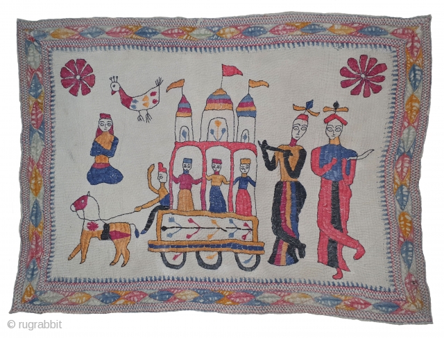 Folk Kantha Quilted and embroidered cotton Kantha Probably from West Bengal region of India, India. Its size is 34cmX46cm.Showing the Folk style of Rath-Yatra from Jagnath Puri(20191220_142054).      