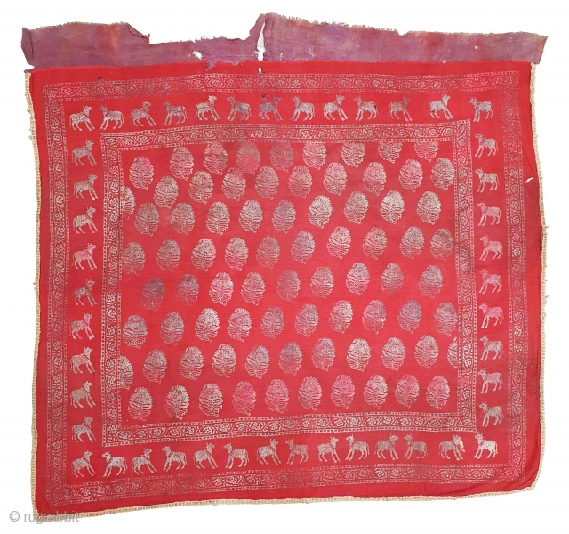 Pichwai of GopaShtami (Festival of Cows),  From Gujarat India. India. C.1900. Silver Tinsel-Print on Red Muslin Cotton. Its size is 95cmX105cm (20201214_142132).          