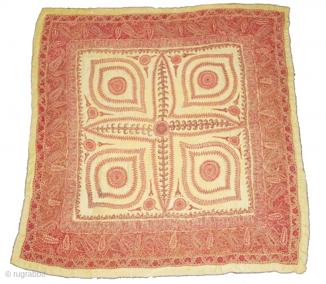 Kashmir Embroidered Square shawl (Rumal). Paisley Boteh Motifs in An Elegant stately Platte. From Kashmir, India. It has some Repairs and it has Old Backing Cloth Of Pashmina.
C.1860-1875.
Its size is 151cmX160cm(DSC09589).      