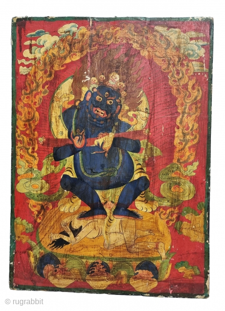 Dramatically Tibetan Buddhist Hand Painted Wood Panel depicting symbols of Tibetan mythology such as Tigers Dragons and Lamas From Tibet.

 c.1875-1900. 

Its size is 59cmX82cm (20221211_163615).       