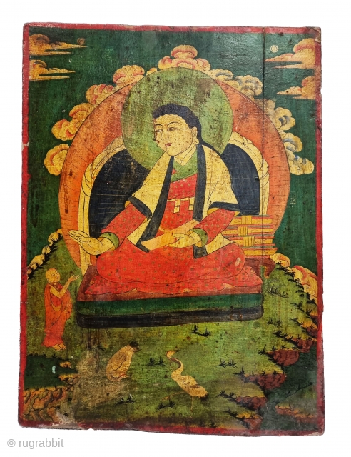 Dramatically Tibetan Buddhist Hand Painted Wood Panel depicting symbols of Tibetan mythology such as Tigers Dragons and Lamas From Tibet. c.1875-1900. Its size is 50cmX67cm (20221211_164305).       