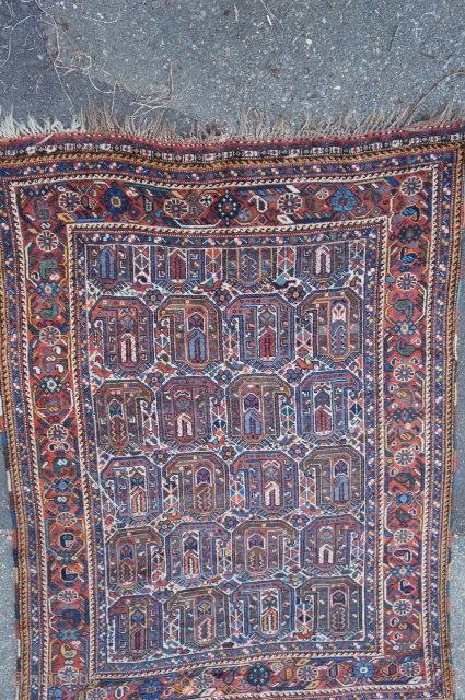 White ground Shiraz with boteh design, Ca. 1930, 5'8" x 6' 7".  All nice colors, good pile with no hidden problems' no rot, color bleed or odors. Very slight loss at  ...