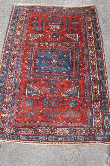 Kazak prayer rug, last quarter of the 19th C. 4' x 6' 1". All good colors with thick glossy wool. Small area of past moth damage on reverse. No rot, odor, stain  ...