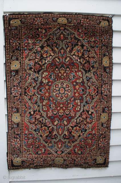 Josan Sarouk mat, Ca. 1930, 25" x 38" in very nice condition with nice colors. Missing a few knots at top right corner and a partial single row along top. Pile seems  ...