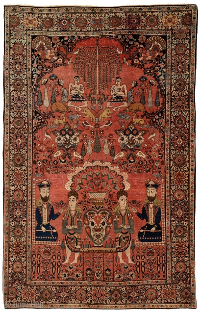 Antique Sarouk rug lavishly inscribed and dated 1335 AH or 1917 AD. 4' 1" x 6' 6". Pictorial Persian rugs often lack an appeal for those approaching them from a western decorating  ...