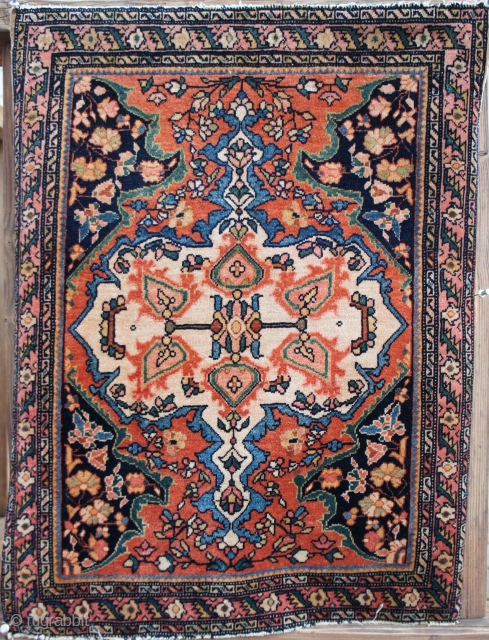 Ca. 1900 Sarouk mat. 21" x 29". full, original short pile; not worn. Missing only two rows of red knots at each end. 15 x 17 = 255 kpsi. It has a  ...