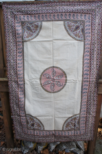 Palampore style cotton covering. Probably India. 41" x 66". I cant't date this so it is up to you. Seems painted over outlining. There is some very light staining and numerous tiny  ...