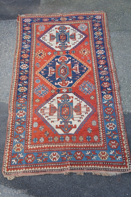 Late 19th C. Kazak, 4'7" x 8' 2'. Nice generous size and fully restorable Kazak with all good colors. Pile evenly low to better pile except for white medallion which shows some  ...