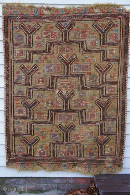 19th C. east Anatolian prayer design embroidery on a gold ground, 46" x 65". All indigenous colors include a double dyed green and a nice aubergine. These two colors are uniform front  ...