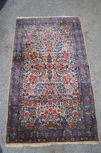 70 year old Kirman , 3'4" x 5'. Lustrous wool and very nice color arrangement. One tiny spot of wear along left edge otherwise excellent condition. No stains or smell but could  ...