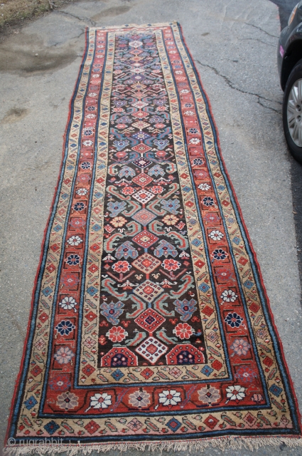 19th C. N W Persian Kurdish runner, 44" x 14'2". Cotton foundation with rich and natural colors including a soft aubergine.  The rug is straight but varies a wee bit in  ...