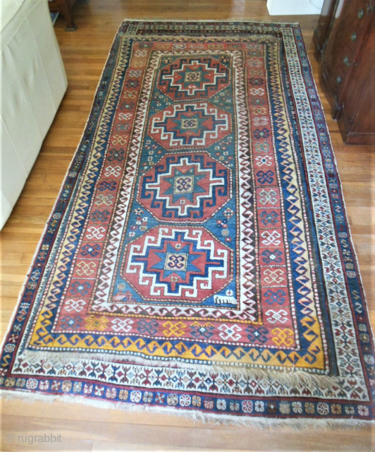 Antique Gendje Caucasian rug with Memling gul design, 4'4" x 8'5," with good pile. Contact me directly with inquiries l_g_gerber@yahoo.com             