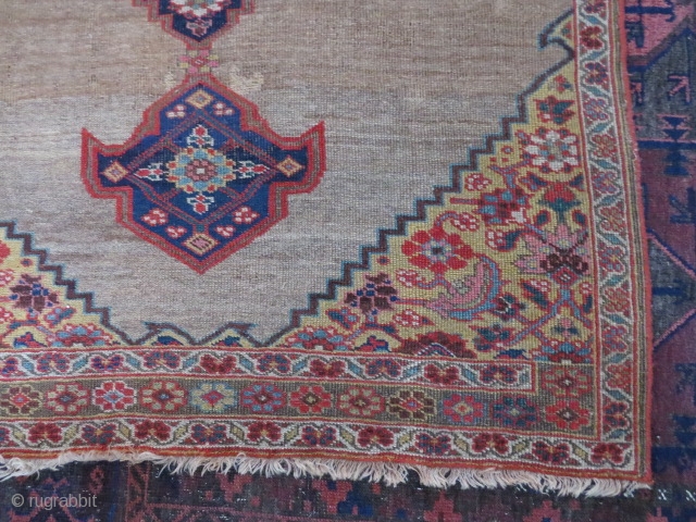 Antique Bidjar area vagire/rug, 160x110 cm. More or less low pile, some restauration and reduced at one side, nice colours and patina. Not as stiff as the normal Bidjar rug.   