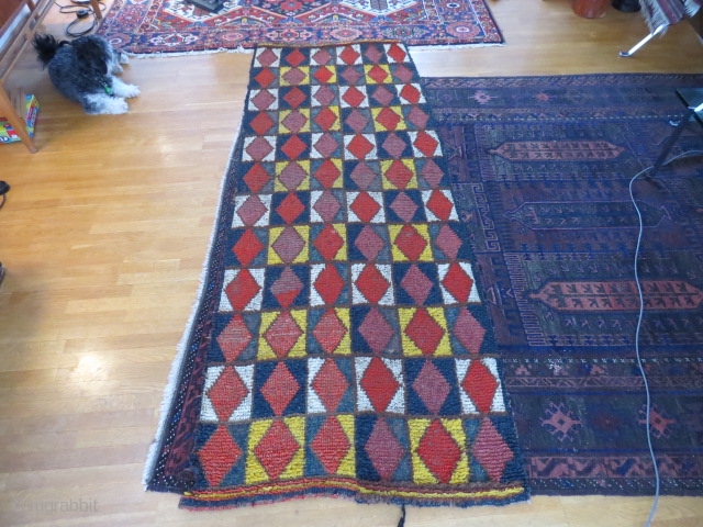 Old Central Asian sleeping rug, 228x99 cm. I´m not sure about the colours, there could be some chemicals in some of them. Some wear, but a very nice good looking rug.  