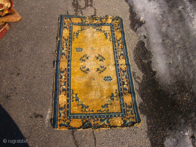 Small abused late 18th. c. Ningxia rug, it has glue on the back, nice colours.                  