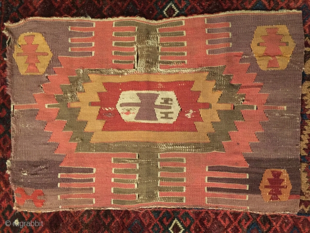 Early Central Anatolian Kilim Fragment, ca.1800, 50x80cm, great early colors with a beautiful aubergine background and a very nice patina.             