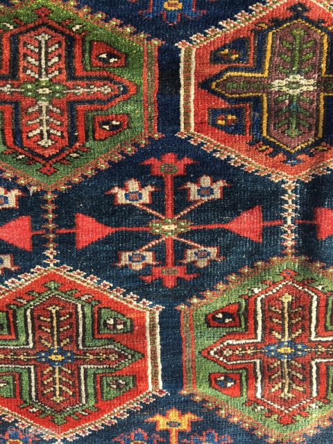 Old Harchegan hassan khani rug, Chahar-Mahal, 214x140 cm. made 1920-1930. Very good colours in this all wool rug. OK condition for age but some former owner have painted the warps blue in  ...