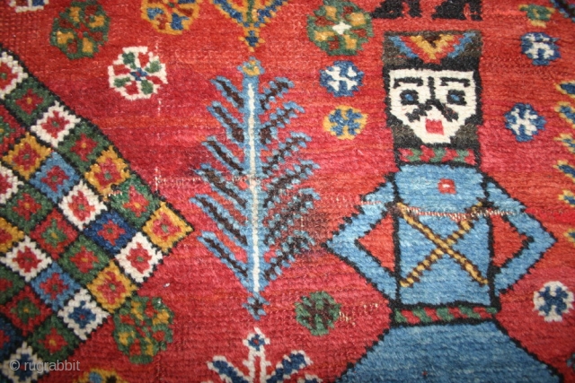 Qashqai pictoral rug, 260x160 cm, around 1900, related to a yellow ground rug published in Hali several times by John T Wertime. Hali issue 126 side 37 and Hali Issue 64 side157.  ...