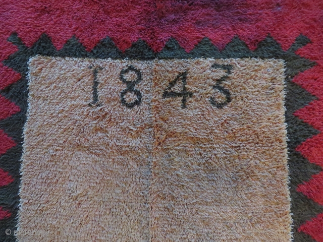 Finnish ryijy rug dated 1843, 189x130 cm. Good condition for age, it has very little wear and some spots, both in the field and the red border. Rug is washed but could  ...