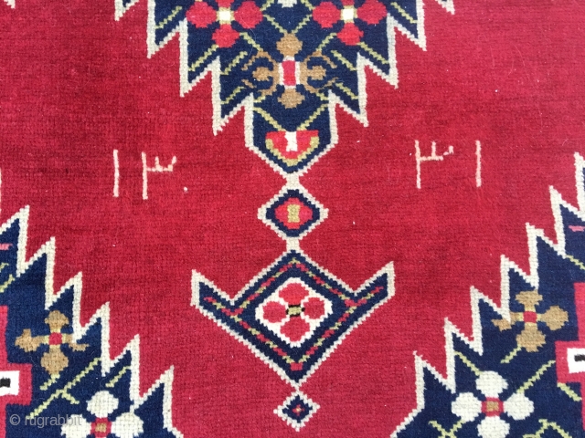 Antique Karabakh rug, 475x122 cm, dated 1331, 1912. Rug is in good used condition and colours looks good but a 70 centimeter long portion of the red midfield is dyed with a  ...