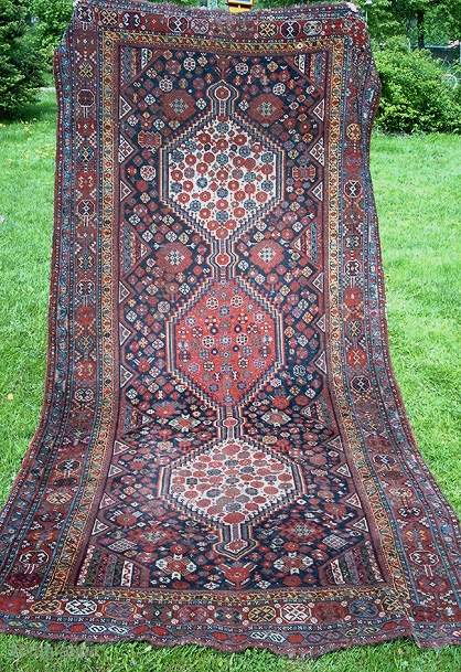 From Sonny Berntssons collection:
No 944 Khamseh large rug 153x331 cm. Circa 1870
Low pile, some damages. Mounted on cotton fabric.
More info if you ask.
NOTE: E-mails are not always delivered to me due to  ...