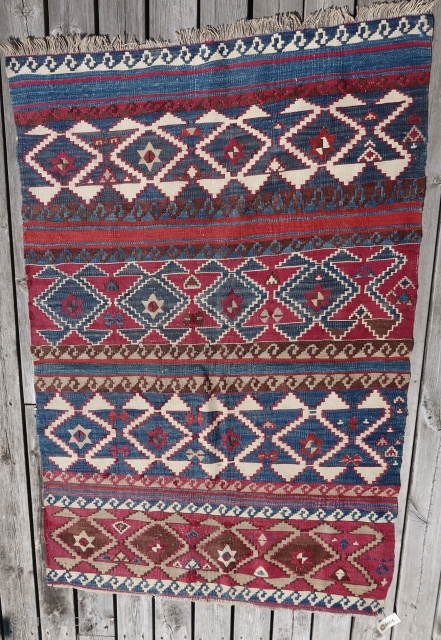 From Sonny Berntssons collection:
No 1006 East Anatolia kilim fragment 82 x 126 cm. No repair.
19th cent. All natural colours. 
White is cotton and there are also cochineal.
More info or photo if you  ...