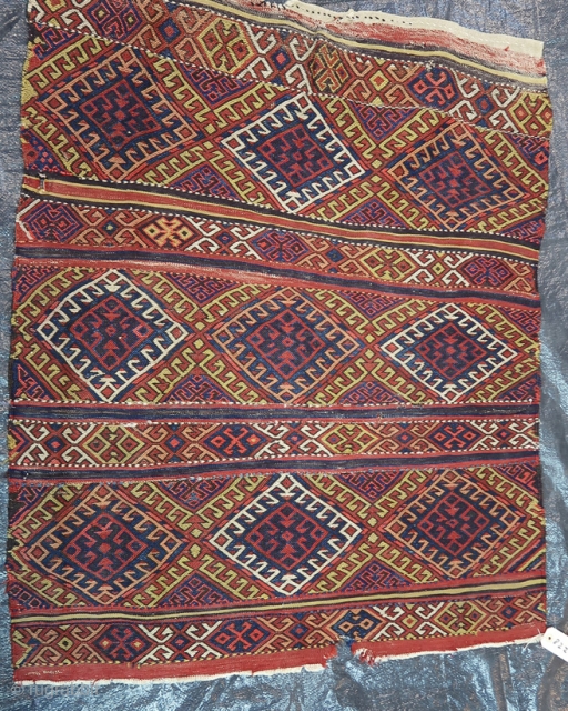 From Sonny Berntssons collection:
No 822 Cuval (sack) fragment Karacadag area, Central Anatolia.
End 19th cent. 104 x 126 cm soumac technic.
All natural colours. More info or photo if you ask.
NOTE: All e-mails are  ...