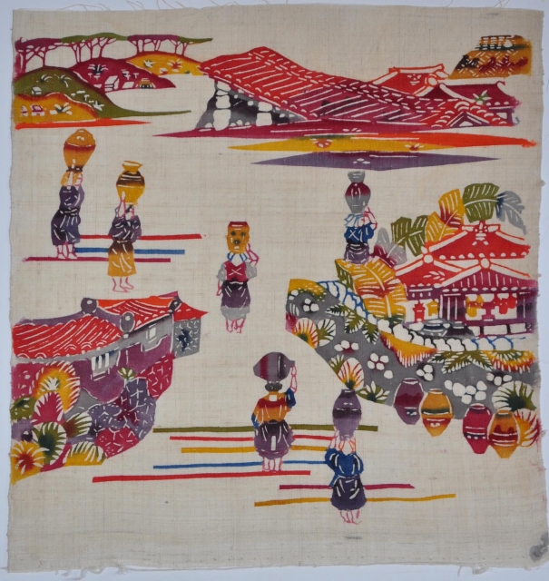Japanese textile printed by stencils (katazome) by the artist Serizawa Keisuke (1895-1984). 
Landscape of Okinawa, 36,5x34,5 cm., ca. 1939.
Another example is illustrated in the catalog "Serizawa" published for the exhibition held in  ...