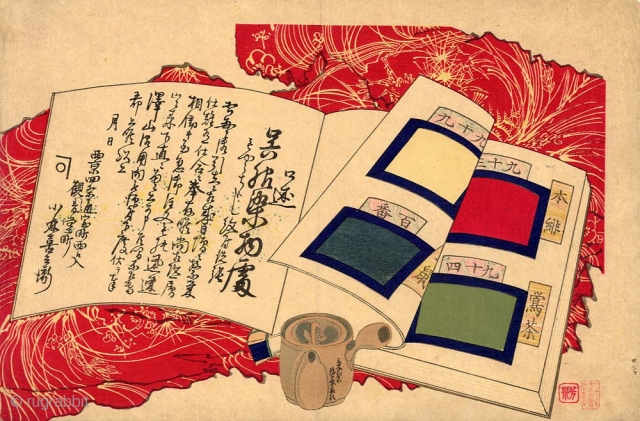 Original Japanese woodblock print with a book of textile samples on a red cloth and a tea-pot. Unsigned, late 19th century. 25,4x38 cm. This unusual print was probably used for advertising of  ...