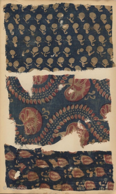 Large Japanese album with 23 fragments of Indian textiles pasted on 8 pages, including early sarasa, brocade, Kashmir and Islamic fragments. 39x24 cm.          