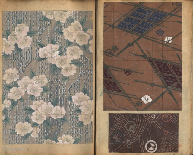 Japanese album with a collection of 432 patterns (zuan cho) painted in ink and tempera on paper and pasted on 184 pages. All designs were intended for textiles and obi designs. This  ...