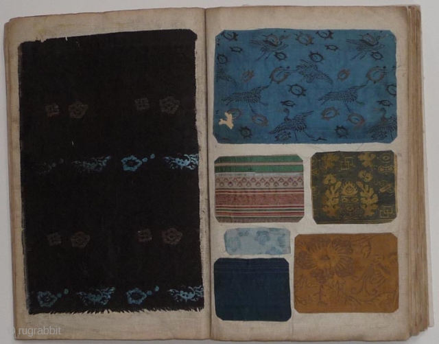 Japanese book with a collection of Japanese textile fragments, mainly brocade. One hundred forty example pasted on forty-eight pages.     
The album ca. 1900, the textiles 19th and early  ...