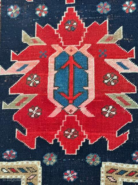 Caucasian Kazak Rug with Turtle Medallions, ca. 1885–1910
90 × 160 cm | Wool on wool | Symmetrical knots | Red wefts

A bold and compact village weaving with twin stylized “turtle” medallions on  ...